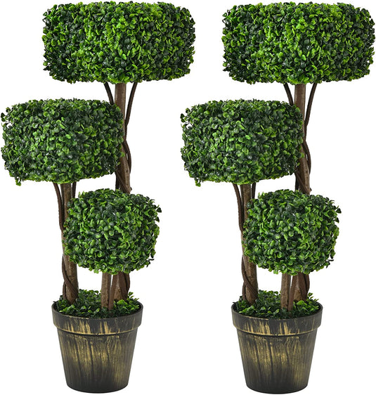 36' Artificial Triple Square Shaped Boxwood Topiary Tree W/ Cement-Filled Plastic Pot