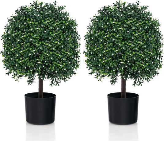 Goplus 21.5" Artificial Tree, Set of 2 Faux Potted Plants Artificial Shrubs Bushes