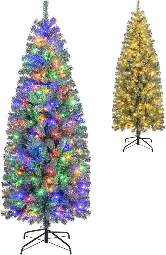 Goplus 6.5ft Pre-Lit Blue Slim Pencil Christmas Tree with 200 Warm White & Multicolored LED Lights, 9 Modes, 556 Branch Tips