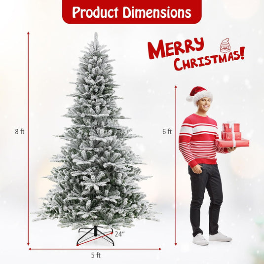 Goplus 6/7/8 ft Pre-Lit Snow Flocked Christmas Tree, Artificial Hinged Xmas Tree with 661/1119/1447 PVC & PE Tips