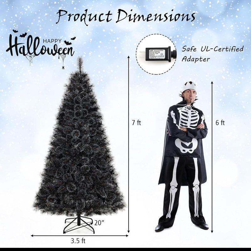 Load image into Gallery viewer, Goplus 6/7/8 ft Pre-Lit Black Halloween Christmas Tree, Artificial Hinged Xmas Full Tree with 362/572/860 Pine Needles &amp; PVC Branch Tips
