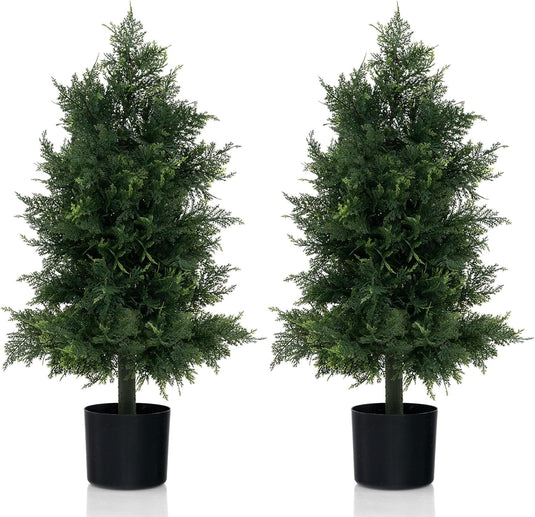 Goplus 31.5'' Artificial Cedar Topiary Trees for Outdoors, Potted Fake Cypress Trees with Cement Plastic Pot