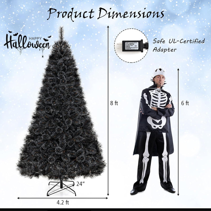 Load image into Gallery viewer, Goplus 6/7/8 ft Pre-Lit Black Halloween Christmas Tree, Artificial Hinged Xmas Full Tree with 362/572/860 Pine Needles &amp; PVC Branch Tips
