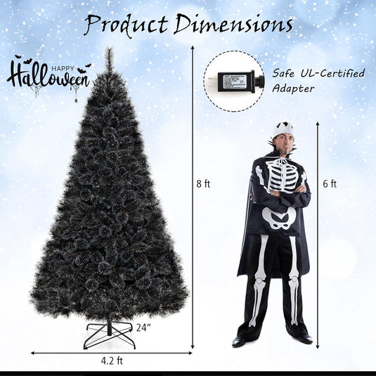 Goplus 6/7/8 ft Pre-Lit Black Halloween Christmas Tree, Artificial Hinged Xmas Full Tree with 362/572/860 Pine Needles & PVC Branch Tips