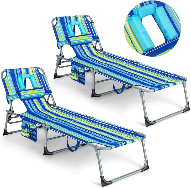Load image into Gallery viewer, Beach Chaise Lounge with Face Hole, Folding Recliner  Black/Gray/Sky Blue/Navy
