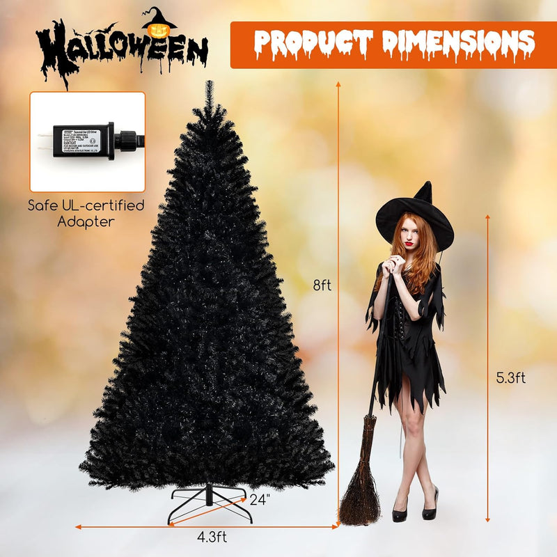 Load image into Gallery viewer, Goplus 6/7/8 FT Pre-Lit Black Halloween Tree, Artificial Hinged Christmas Tree with 280/380/500 Orange &amp; Purple LED Lights
