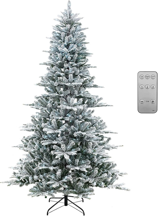 Goplus 6/7/8 ft Pre-Lit Snow Flocked Christmas Tree, Artificial Hinged Xmas Tree with 661/1119/1447 PVC & PE Tips