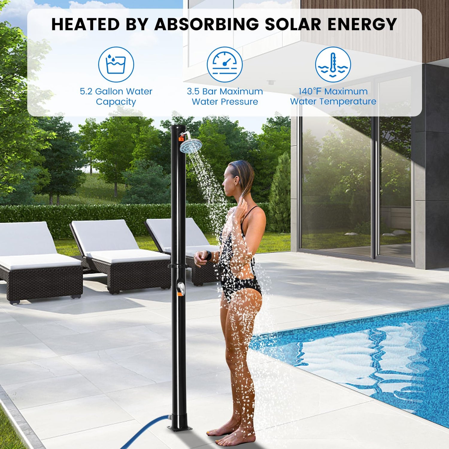 Solar Outdoor Shower, 5.3-Gallon Garden Shower with Adjustable Water Temperature up to 140°F, Black
