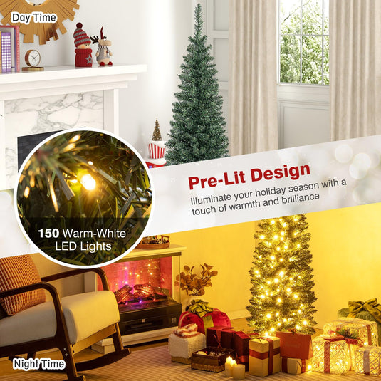 Goplus 5ft Pre-Lit Pencil Christmas Tree, Artificial Slim Xmas Tree with 150 Warm-White LED Lights