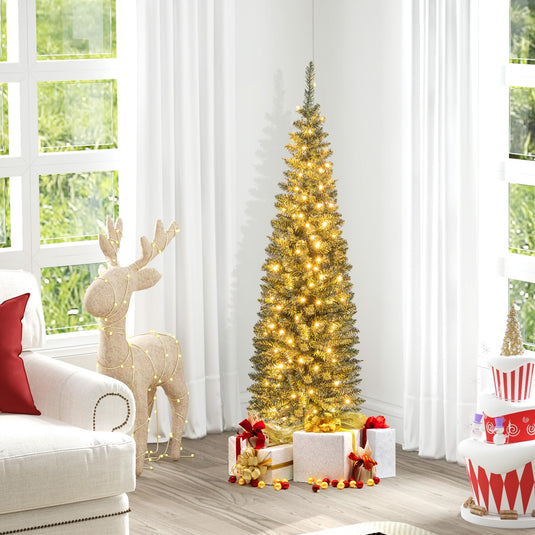 Goplus 5ft Pre-Lit Pencil Christmas Tree, Artificial Slim Xmas Tree with 150 Warm-White LED Lights