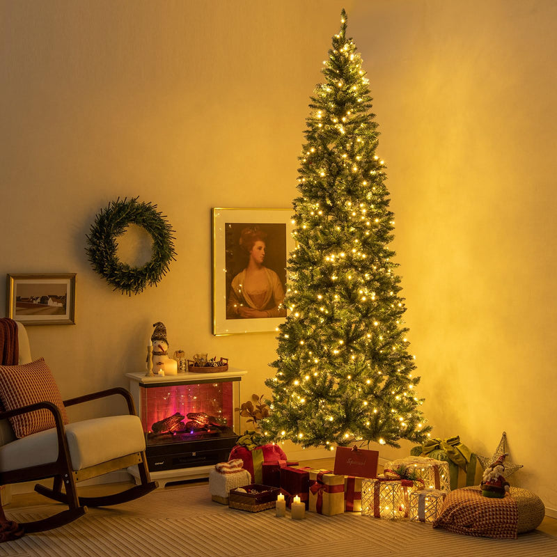 Goplus 9ft Pre-Lit Artificial Pencil Christmas Tree, Hinged Slim Xmas ...