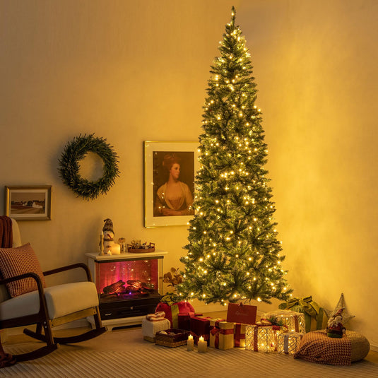 Goplus 9ft Pre-Lit Artificial Pencil Christmas Tree, Hinged Slim Xmas Tree with 500 Warm-White LED Lights