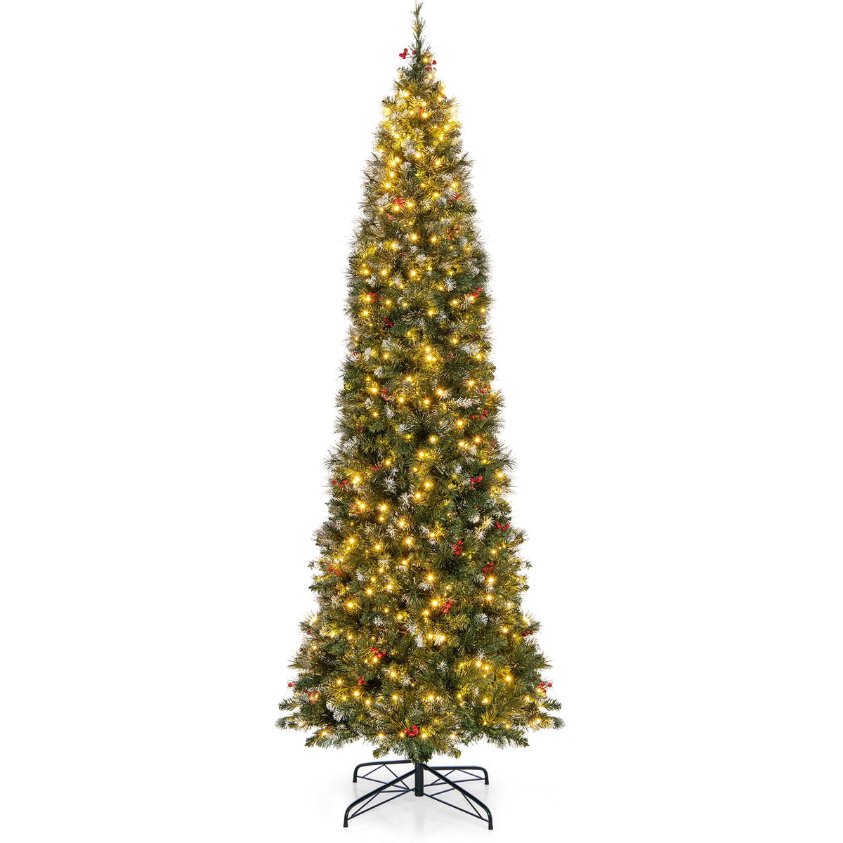 Goplus 9ft Pre-Lit Pencil Christmas Tree, Artificial Hinged Slim Xmas Tree with 500 Warm-White LED Lights