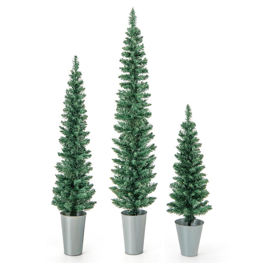Goplus Set of 3 Artificial Christmas Tree, 3' 4' 5' Slim Pencil Xmas Tree with Silver Metal Buckets