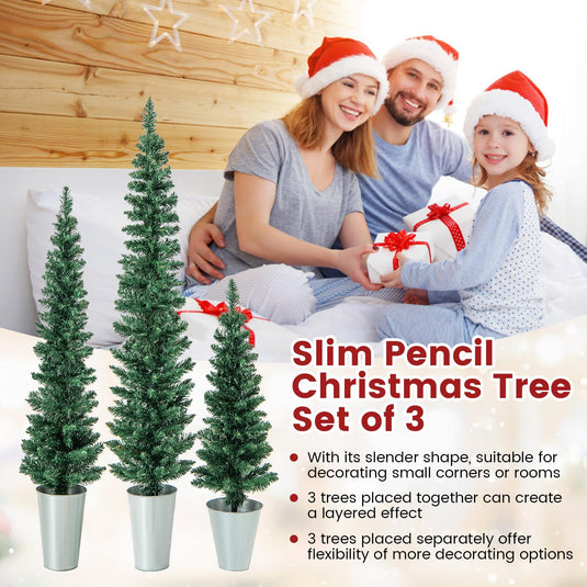 Goplus Set of 3 Artificial Christmas Tree, 3' 4' 5' Slim Pencil Xmas Tree with Silver Metal Buckets