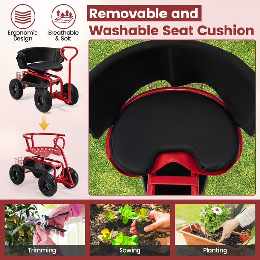 Goplus Garden Cart, Outdoor Rolling Garden Scooter W/Adjustable 360 Degree Swivel Seat