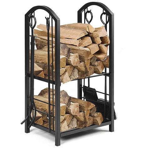 Goplus Firewood Rack with 4 Fireplace Tools, Wrought Iron Log Holders with Poker