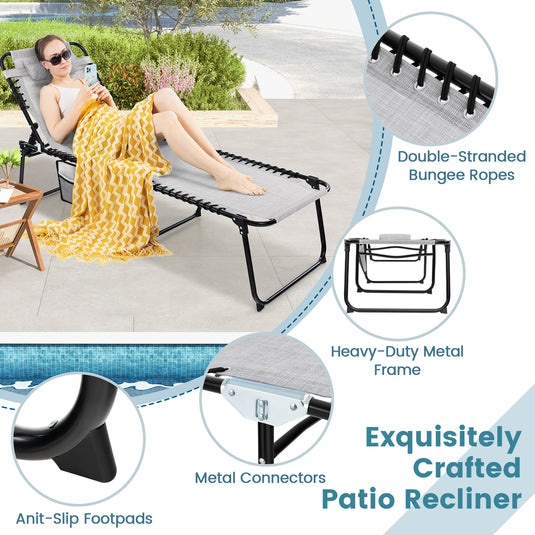 Patio Folding Chaise Lounge, Portable Lay Flat Reclining Chair w/ 4-Level Backrest, Side Pocket & Detachable Headrest