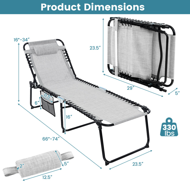 Load image into Gallery viewer, Patio Folding Chaise Lounge, Portable Lay Flat Reclining Chair w/ 4-Level Backrest, Side Pocket &amp; Detachable Headrest
