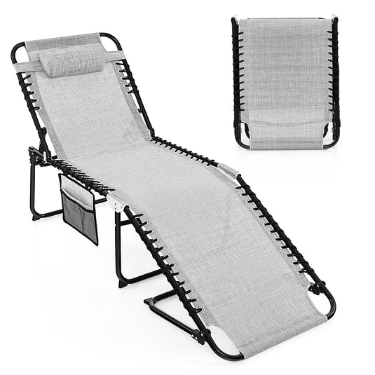 Patio Folding Chaise Lounge, Portable Lay Flat Reclining Chair w/ 4-Level Backrest, Side Pocket & Detachable Headrest