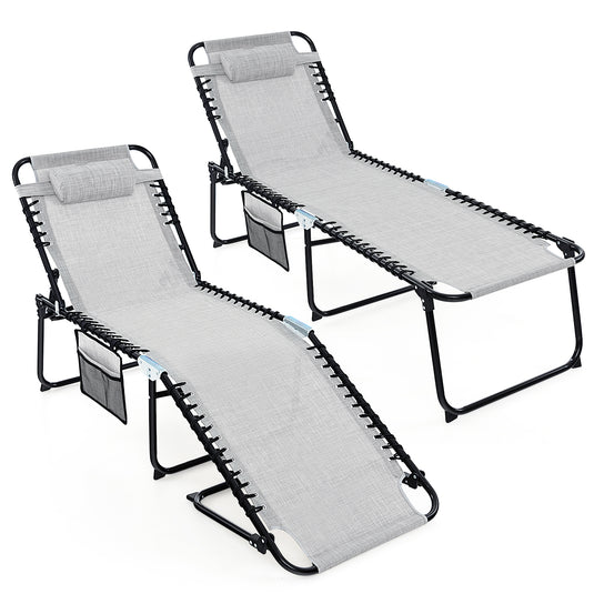 Patio Folding Chaise Lounge, Portable Lay Flat Reclining Chair w/ 4-Level Backrest, Side Pocket & Detachable Headrest