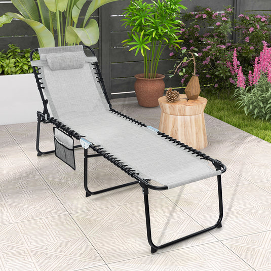 Patio Folding Chaise Lounge, Portable Lay Flat Reclining Chair w/ 4-Level Backrest, Side Pocket & Detachable Headrest