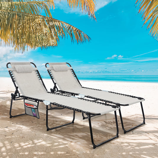 Patio Folding Chaise Lounge, Portable Lay Flat Reclining Chair w/ 4-Level Backrest, Side Pocket & Detachable Headrest