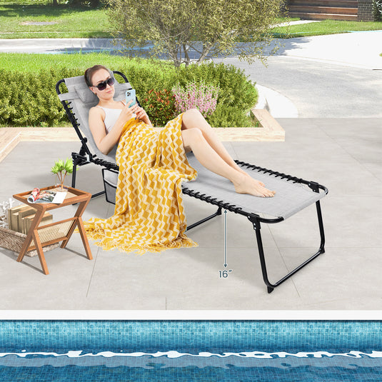 Patio Folding Chaise Lounge, Portable Lay Flat Reclining Chair w/ 4-Level Backrest, Side Pocket & Detachable Headrest