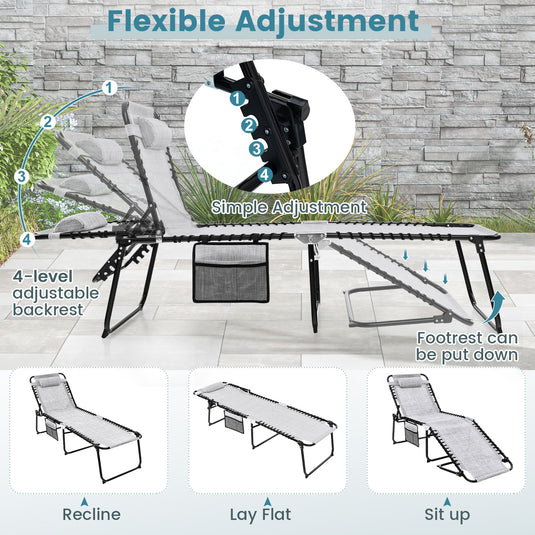 Patio Folding Chaise Lounge, Portable Lay Flat Reclining Chair w/ 4-Level Backrest, Side Pocket & Detachable Headrest