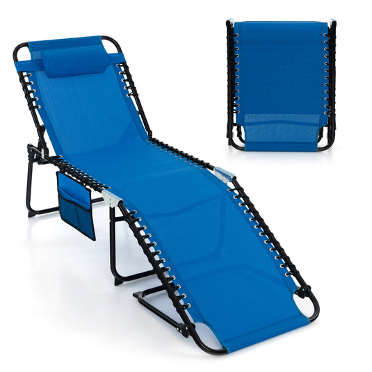 Patio Folding Chaise Lounge, Portable Lay Flat Reclining Chair w/ 4-Level Backrest, Side Pocket & Detachable Headrest