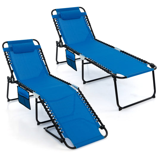 Patio Folding Chaise Lounge, Portable Lay Flat Reclining Chair w/ 4-Level Backrest, Side Pocket & Detachable Headrest