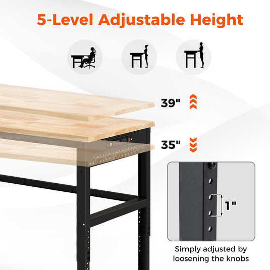 48" Adjustable Workbench, Oak Wood Top Heavy-Duty Work Table Workstation with Non-Slipping Pads & Adjustable Height