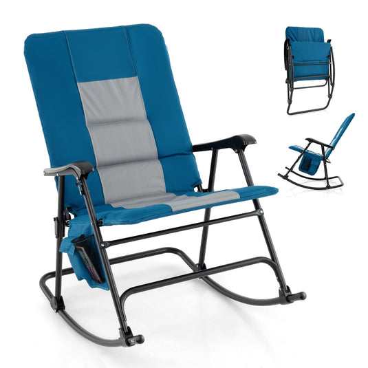 Goplus Oversized Folding Rocking Chair, Padded Patio Lounge Rocker w/Metal Frame, Armrests, Side Pocket