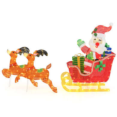 Goplus Lighted Christmas Santa Claus with Reindeer, Santa on Sleigh Decoration w/LED Lights