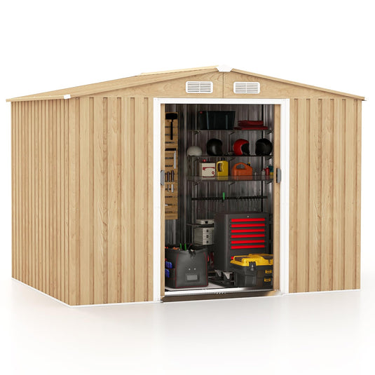 Goplus 8' x 6' Woodgrain Outdoor Storage Shed, Galvanized Metal Tool House Organizer w/Base Floor, 4 Vents