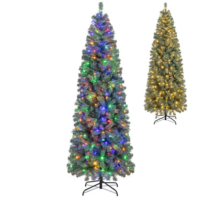 Goplus 7.5ft Pre-Lit Blue Slim Pencil Christmas Tree with 250 Warm White & Multicolored LED Lights, 9 Modes, 724 Branch Tips