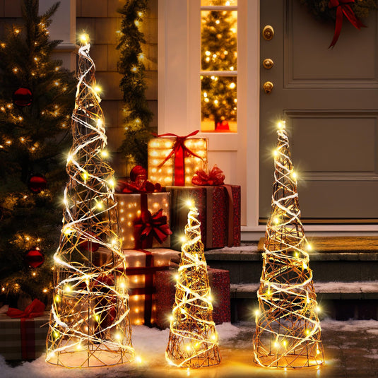 Goplus Set of 3 Large Christmas Cone Trees, 32” 24” 16” Indoor Christmas Trees w/Warm White LED Lights