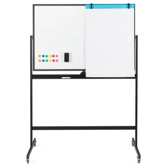 Goplus Rolling White Board, 48" x 32" Double-Sided Whiteboard, Height Adjustable Dry Erase Board w/Markers