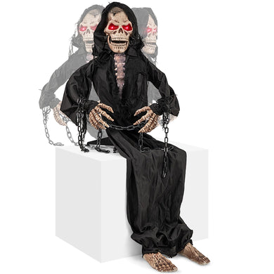 Goplus Halloween Animatronics, Animatronic Sitting Skeleton, Halloween Animated Moving Reaper with Light Up Eyes