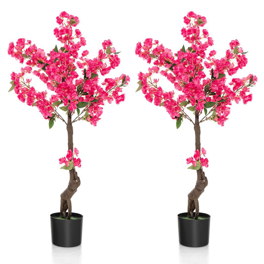 Goplus 41” Artificial Plum Blossom Tree, Fake Floral Plant with 92 Flowers & Realistic Trunk in Plastic Nursery Pot