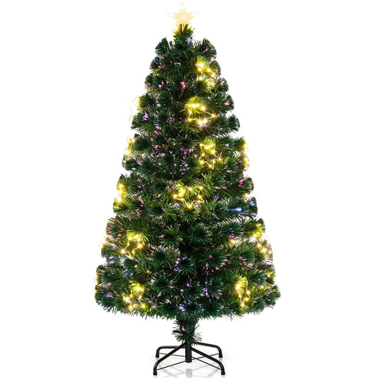 Goplus 5ft Pre-Lit Fiber Optic Christmas Tree, Artificial Lighted Xmas Tree with 24 Warm-White Shape-Adjustable Star String Lights