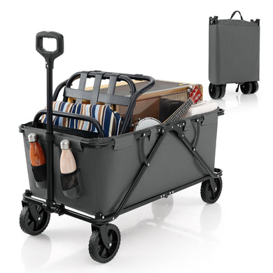 Goplus Collapsible Foldable Wagon, Heavy-Duty Wagon Cart w/Adjustable Handlebar, Bottle Holders & Storage Pocket