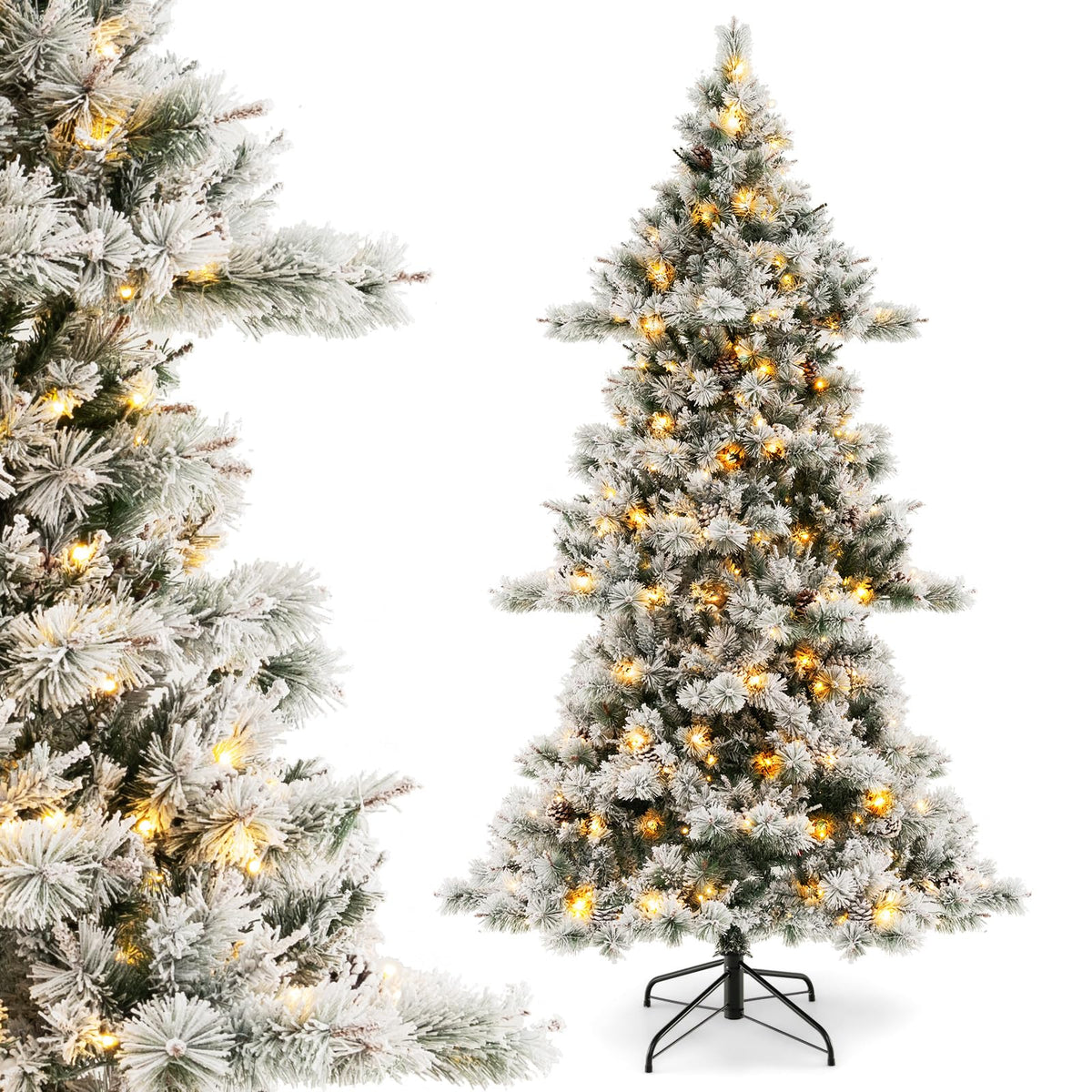 Goplus 7 FT Pre-Lit Snow Flocked Christmas Tree, Artificial Hinged Xmas Tree with 1057 PVC & Pine Needles Branch Tip
