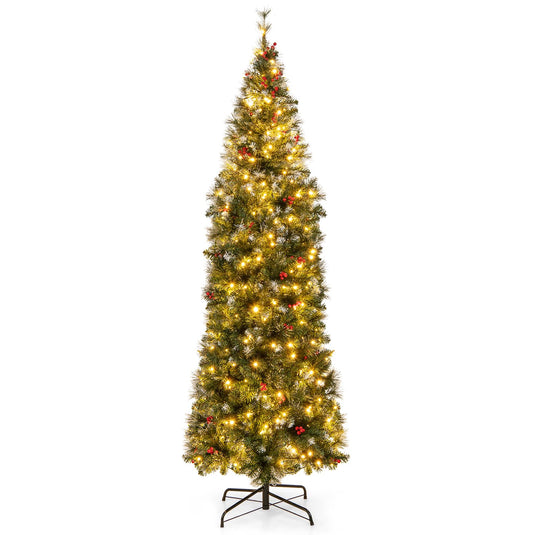 Goplus 9ft Pre-Lit Pencil Christmas Tree, Artificial Hinged Slim Xmas Tree with 500 Warm-White LED Lights