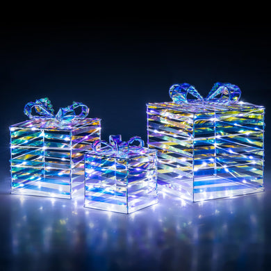 Goplus 3 Pieces Christmas Lighted Gift Boxes, 90 LED Light up Present Boxes with Bows, Zip Ties & Ground Stakes