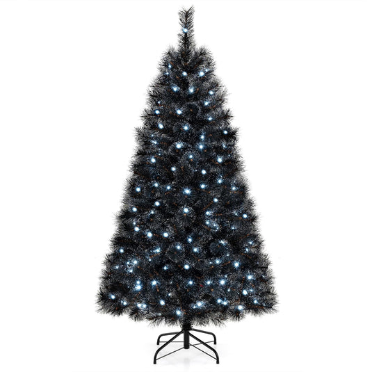 Goplus 6/7/8 ft Pre-Lit Black Halloween Christmas Tree, Artificial Hinged Xmas Full Tree with 362/572/860 Pine Needles & PVC Branch Tips