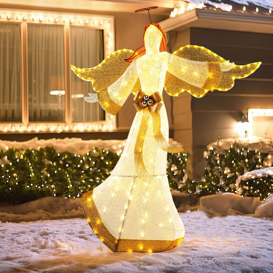 Goplus 5.2 FT Christmas Lighted Angel, Pre-Lit Winged Holiday Figure Angel with180 Warm White LED Lights