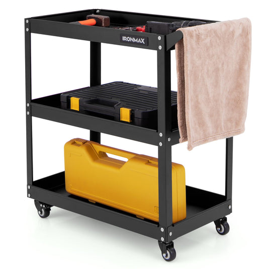 Goplus 3-Tier Utility Cart, Heavy Duty Commercial Service Tool Cart w/3 Spacious Shelves