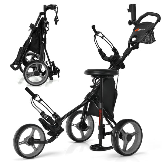 Goplus 3 Wheel Golf Push Cart, Lightweight Foldable Caddy Cart w/Adjustable Seat