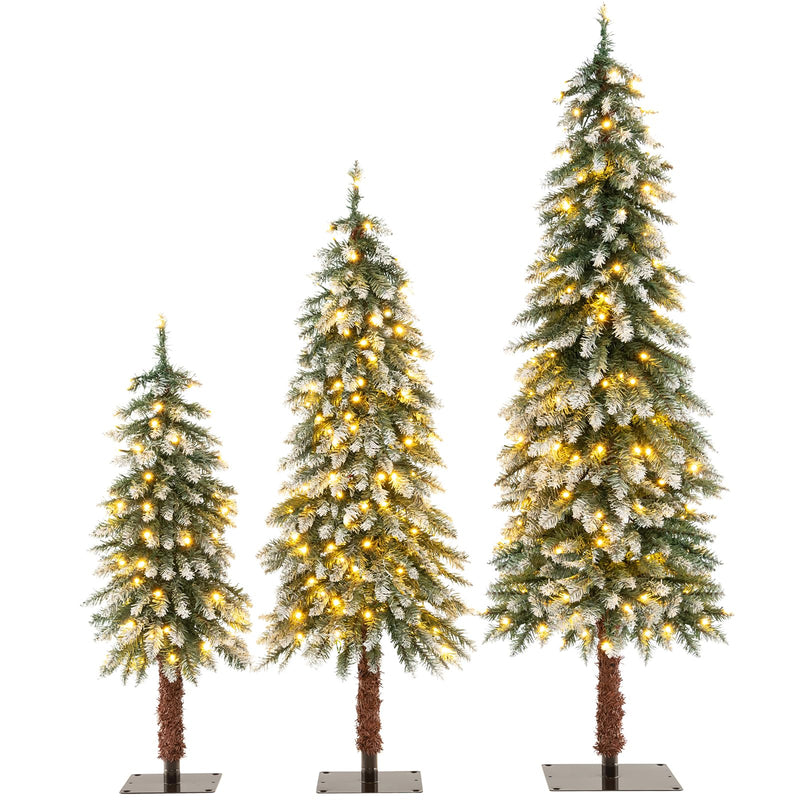 Load image into Gallery viewer, Goplus 3&#39; 4&#39; 5&#39; Pre-Lit Artificial Christmas Tree Set, Slim Pencil Xmas Trees with Snowy Leaves
